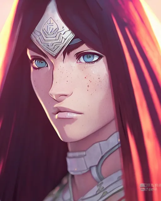 Image similar to azctec warrior, megan fox, detailed perfect face, exquisite details, fire magic, mid view, design on a white background, by studio muti, greg rutkowski makoto shinkai takashi takeuchi studio ghibli