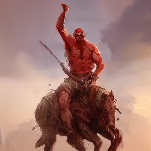 Prompt: Red ogre riding a horse, funny, portrait, Greg rutkowski