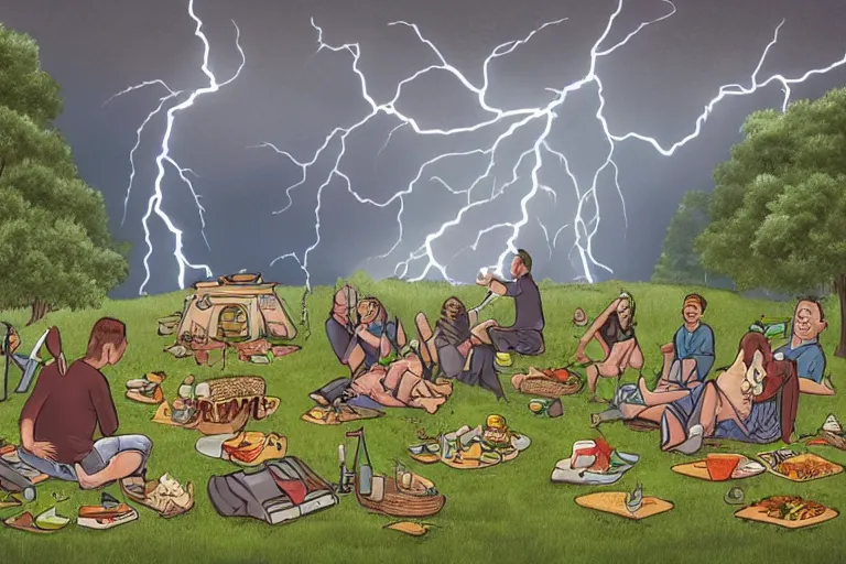 Image similar to a detailed illustration of a god ruining a picnic in the park, nightmare in the park, calamity, dark storms with lightning, ultrawide lens, aerial photography, natural disaster, 8 k, art by the unemployed philosophers guild