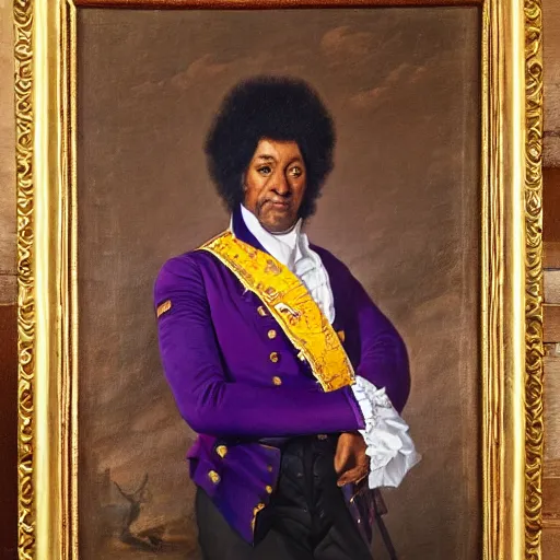 Image similar to official portrait of the los angeles lakers dictator, 1 7 8 0, in full lakers military garb. oil on canvas by william sidney mount, oil on canvas, octane render