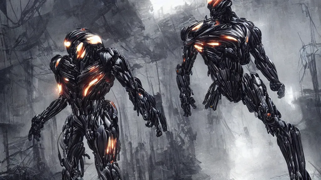 Image similar to crysis nanosuit with powerful biological muscle augmentation, machines, bleak, eerie atmospheric, at dawn, painted by tsutomu nihei, painted by artgerm and greg rutkowski