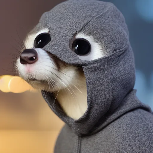 Prompt: An anthropomorphic ferret wearing a grey hoodie and a beanie, trending on FurAffinity