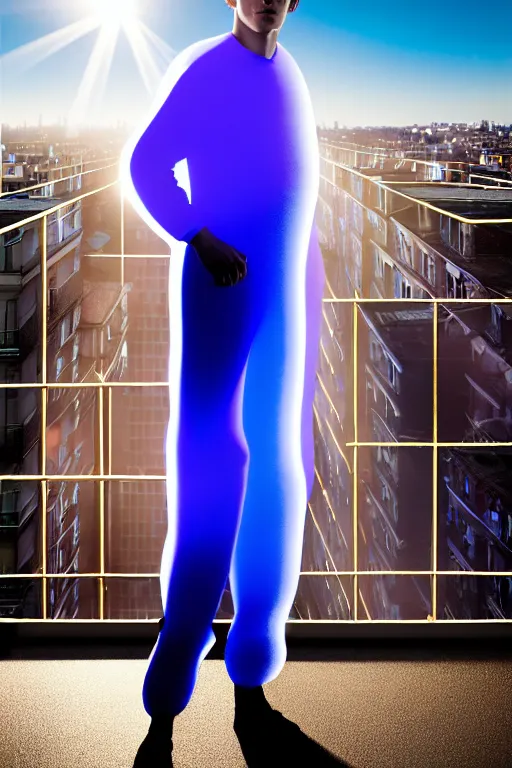 Image similar to un ultra high definition studio quality photographic art portrait of a young man standing on the rooftop of a british apartment building wearing soft inflatable padded iridescent fresnel refractive clothing. three point light. extremely detailed. golden ratio, ray tracing, volumetric light, shallow depth of field. set dressed.