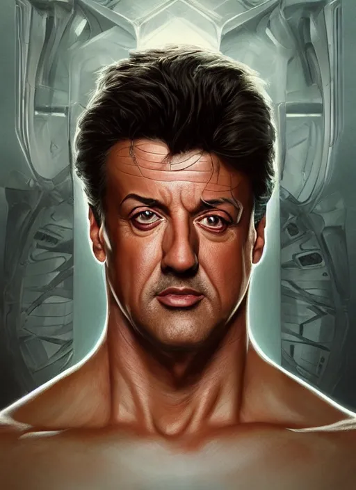 Prompt: symmetry!! silvester stallone, machine parts embedded into face, intricate, elegant, highly detailed, digital painting, artstation, concept art, smooth, sharp focus, illustration, art by artgerm and greg rutkowski and alphonse mucha, 8 k