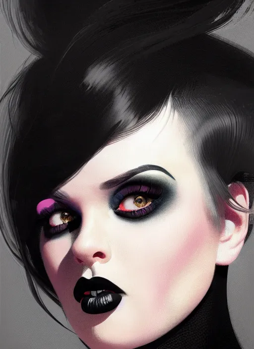 Image similar to portrait of a plump woman with a crooked nose and a confident expression, 1 9 6 0 s, black clothes, goth, punk, brightly coloured hair, funk, intricate, elegant, highly detailed, digital painting, artstation, concept art, smooth, sharp focus, illustration, art by wlop, mars ravelo and greg rutkowski