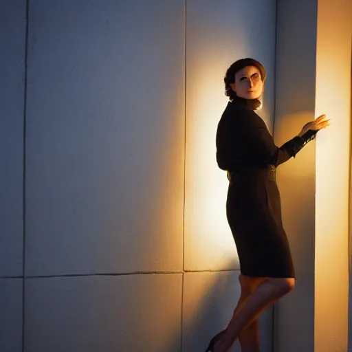 Prompt: noir female detective leans against the wall and lights up,