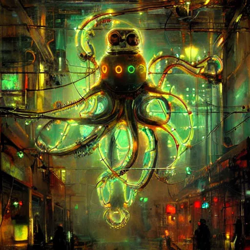 Prompt: robot cyborg octopus, many wires and neon lights exposed, metal and glowing eyes, highly detailed painting by jeremy mann