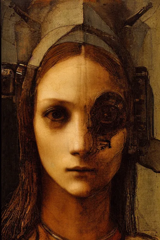 Prompt: a close - up portrait of a cyberpunk cyborg girl, by leonardo davinci and rembrandt, rule of thirds