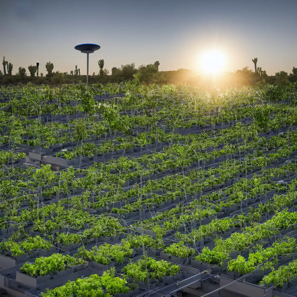 Prompt: zaha hadid windtrap shaped atmospheric water collector, irrigation system in the background, racks of vegetables growing, in the middle of the desert, with a miniature indoor lake, XF IQ4, 150MP, 50mm, F1.4, ISO 200, 1/160s, natural light at sunset with outdoor led strip lighting