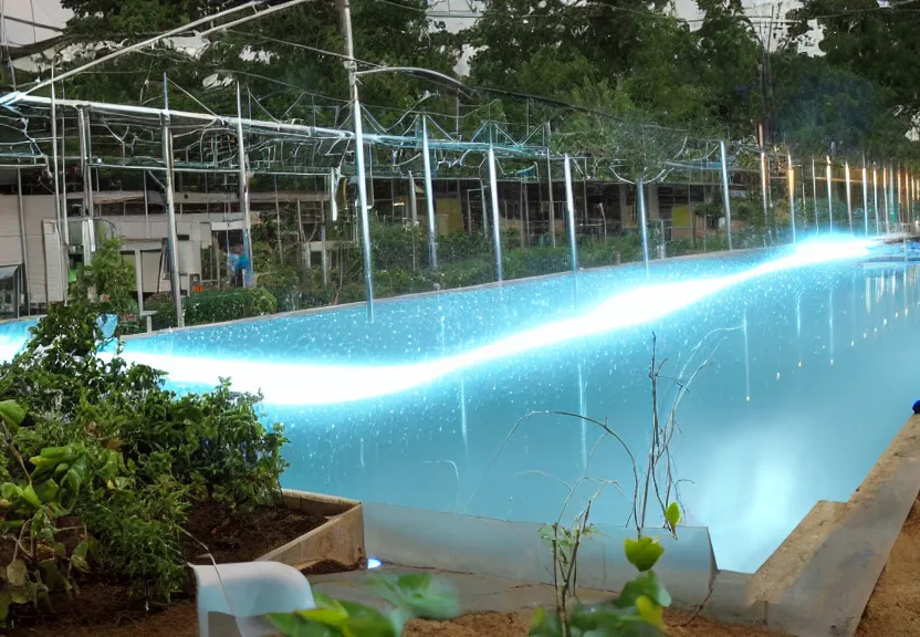 Image similar to pool of electrified water, electrical hazard, harvesting plant for lightning in a bottle.