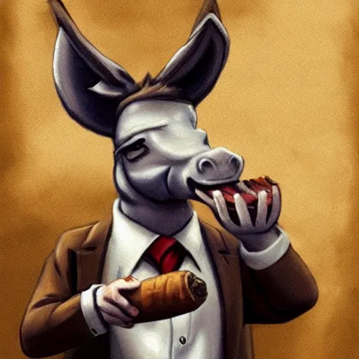 Image similar to angry donkey smoking a cigar, trending on artstation, concept art