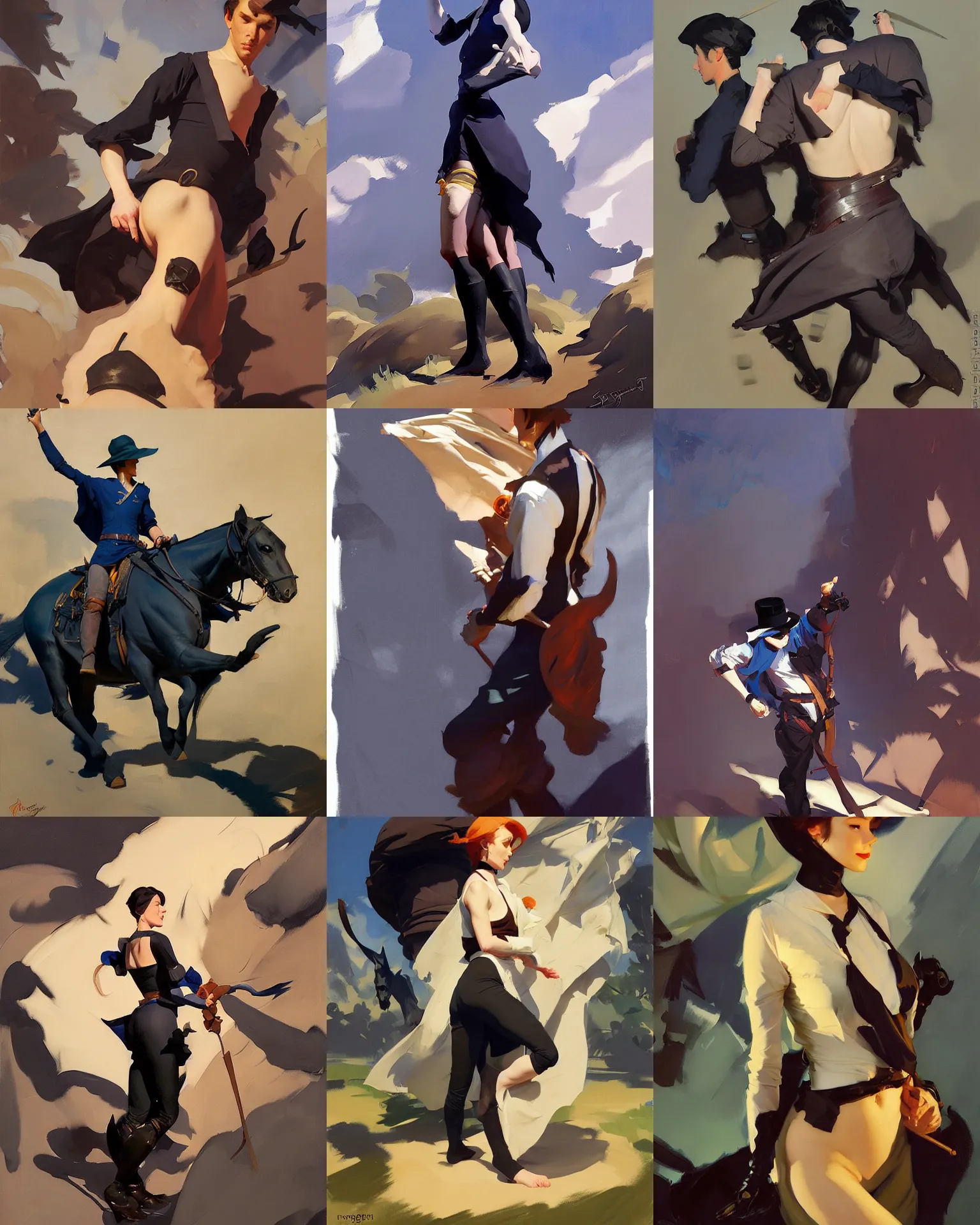 Prompt: black ginger blue cloth fabric jodhpurs greg manchess painting by sargent and leyendecker, studio ghibli, fantasy, medium shot, asymmetrical, intricate, elegant, matte painting, illustration, hearthstone, by rhads by greg rutkowski, by greg tocchini, by james gilleard, by joe fenton