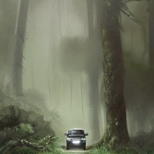 Image similar to a landrover crossing a forest path while its raining, digital art, artstation, photgraphy, highly detailed, digital painting, artstation, concept art, sharp focus, illustration, art by greg rutkowski and artgerm