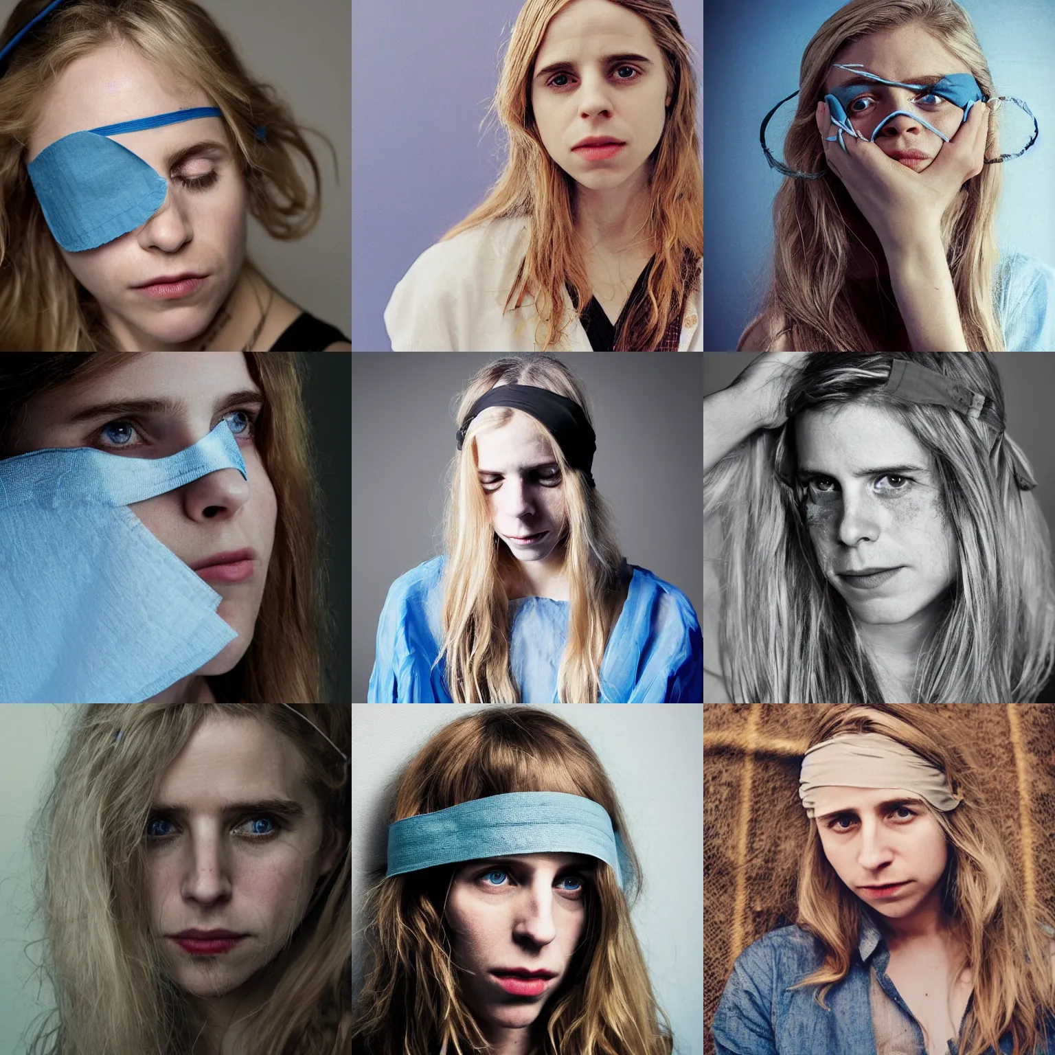 Prompt: beautiful portrait photo in style of frontiers in human near death molecular science fashion magazine blue gauze blindfolded brit marling edition, highly detailed, focus on face, soft lighting