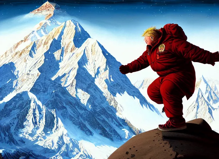 Prompt: a fat blonde man dancing on the peak of mount everest, cosmic horror painting, elegant intricate digital painting artstation concept art by mark brooks and brad kunkle extreme detail 4 k