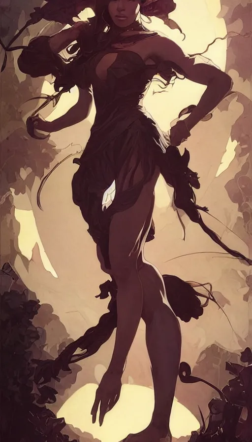 Image similar to yoruichi shihouin by artgerm, greg rutkowski and alphonse mucha, concept art, matte, intricate, full body, epic composition