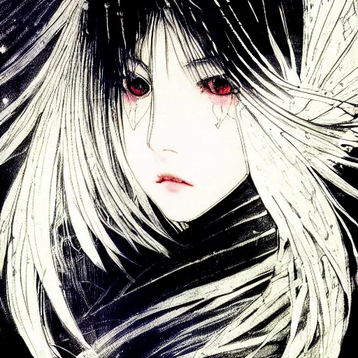 Image similar to yoshitaka amano blurred and dreamy illustration of an anime girl with black eyes, wavy white hair and cracks on her face wearing elden ring armour with the cape fluttering in the wind, abstract black and white patterns on the background, noisy film grain effect, highly detailed, renaissance oil painting, weird portrait angle