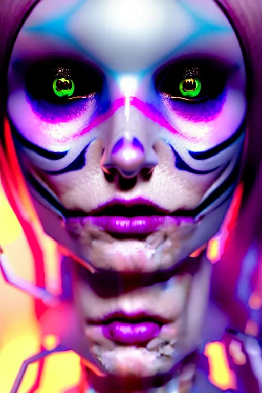 Image similar to ultra detailed, ethereal closeup photo of female android, flowerpunk, studio photo, floodlight, fantasy art, octane render, unreal engine, dia de los muertos, photorealistic concept art, triadic color scheme, art by artgerm and wlop and giger and greg rutkowski and alphonse mucha, 8 k