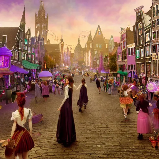 Prompt: a bustling magical town with witches and black cats dancing around a colorful music festival in its center, inspired by victorian england and amsterdam, highly detailed, intricate, digital painting, trending on artstation, concept art, matte painting, art by greg rutkwowski, craig mullins, octane render, 8 k, unreal engine