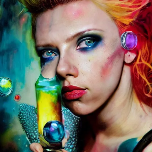 Image similar to drunken scarlett johansson as delirium from sandman, one green eye and one blue eye, ( hallucinating colorful soap bubbles ), by jeremy mann, by sandra chevrier, by dave mckean and richard avedon and maciej kuciara, 8 0's, punk rock, tank girl, high detailed, 8 k