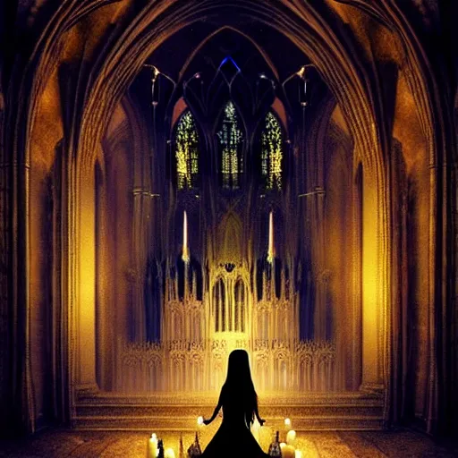 Image similar to a beautiful gothic girl inside a dark gothic cathedral illuminated by candles, impressive scene. grainy and rough. soft colour scheme. beautiful artistic detailed digital art