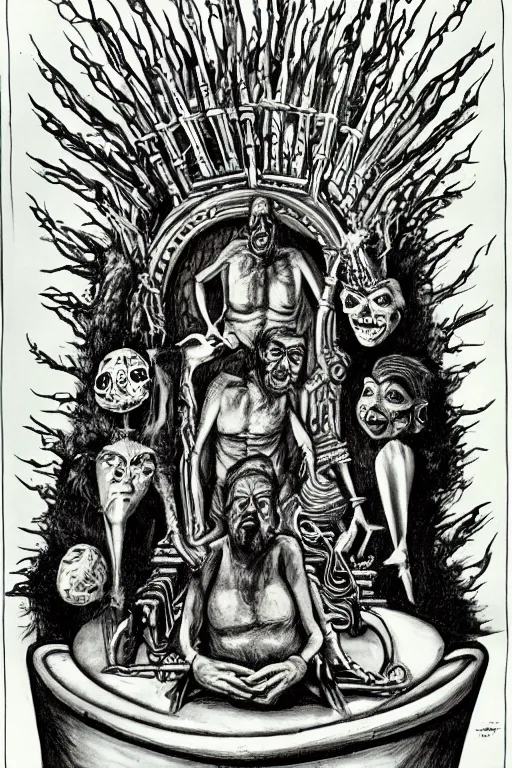 Prompt: a person sited in a throne, surrounded by your other personalities, by ed ( big daddy ) roth