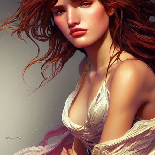 Image similar to ultra realistic illustration, bella thorne as french fries, intricate, elegant, highly detailed, digital painting, artstation, concept art, smooth, sharp focus, illustration, art by artgerm and greg rutkowski and alphonse mucha