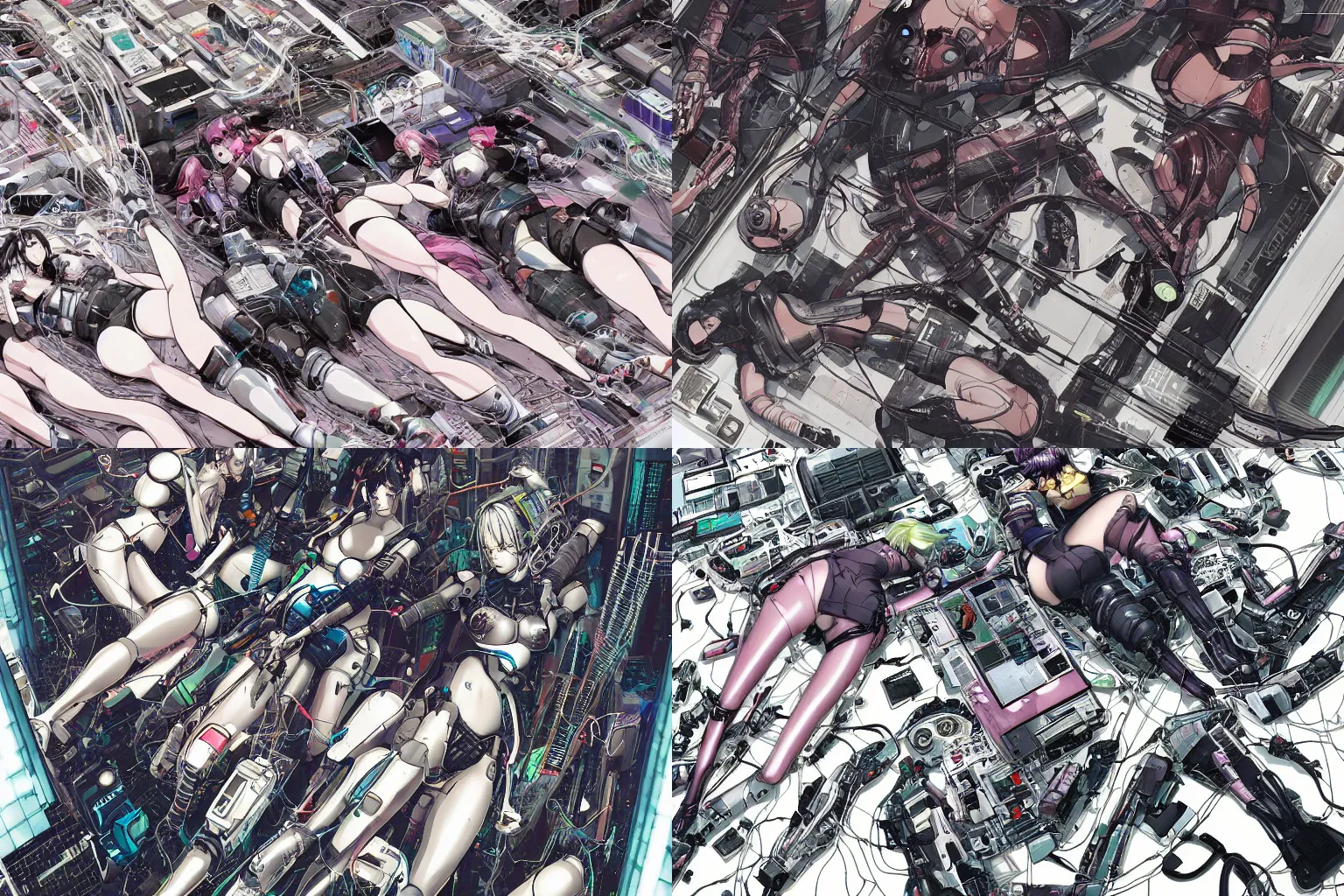 Prompt: a cyberpunk illustration of a group of female androids in style of masamune shirow, lying on an abstract, empty, white floor with their body parts scattered around in various poses and cables and wires coming out, by yukito kishiro and katsuhiro otomo, hyper-detailed, intricate, view from above