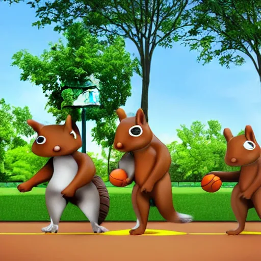 Prompt: three squirrels play basketball in a city park whilst a crowd of vegetables cheer from the side, realistic render