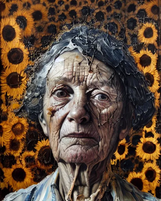 Image similar to a full length portrait of a very ordinary old woman with a blank expression, Anselm Kiefer and Lucian Freud and Jenny Saville, oil painting, rust, Scaffolding, rusted metal and sunflowers, iron cladding, decay, mixed media, textured, anatomically correct, beautiful perfect face, visible brushstrokes, sharp focus, Highly Detailed, Cinematic Lighting, 8k, HD