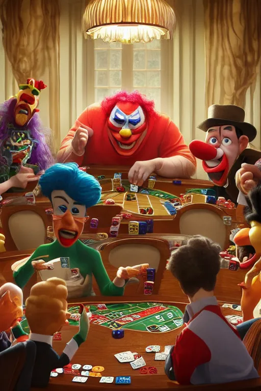 Image similar to pixar serious people playing poker, an angry clown is sitting at the table, screaming | glamorous oily soft polished rich ornate modern | weta disney pixar movie still photo | hi - fructose, sci fi fantasy, smooth, octane render, sharp focus, artstation, concept art | artgerm, mucha, rutkowski, feng zhu, wlop, loish