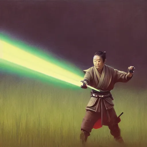 Prompt: painting of a samurai holding a lightsaber, katana, field of grass, star wars, jedi, fenghua zhong, ruan jia, jeremy lipking, peter mohrbacher, laser, ralph mcquarrie, sword, lightsaber katana, sekiro