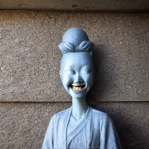 Image similar to a strange looking bust of a 1 9 years old japanese girl, smiling, found in the vent system