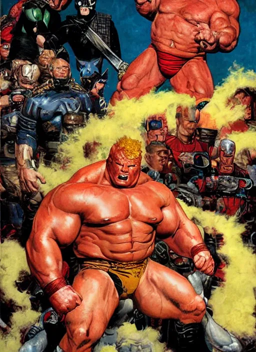 Image similar to full body and head portrait of brock lesnar as marvel mutant juggernaut, dynamic action, painted by norman rockwell and phil hale and greg staples and tom lovell and frank schoonover and jack kirby