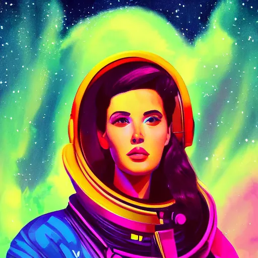 Image similar to a beautiful portrait painting of a 2 4 year old woman retrowave space explorer, synthwave trending on artstation.