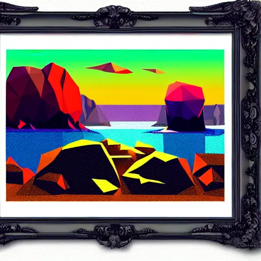 Image similar to super detailed color lowpoly art, northern sunset with rocks on front, monochrome photorealistic bay in the middle of perspective and mountains at background, big graphic vessel, unreal engine, high contrast color palette, 3 d render, lowpoly, colorful, digital art, perspective, full volume composition, robb cobb, robert mccall, syd mead