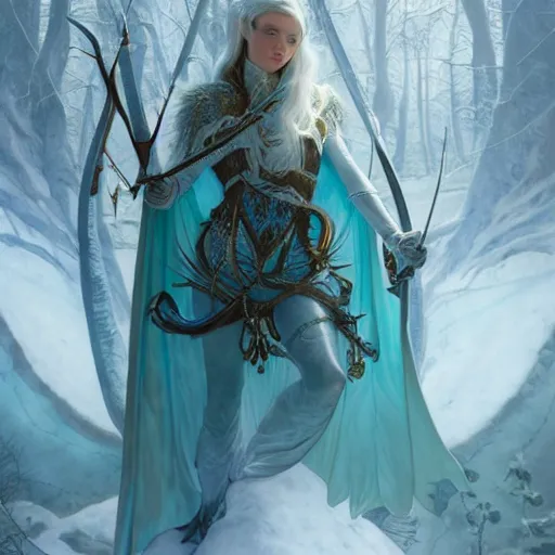 Prompt: an epic concept art of a handsome snow elf in a turquoise cape and silver armour, bow and arrow, albino skin, winter vibes, elegant, very coherent symmetrical artwork, by tomasz alen kopera and alphonse mucha and charlie bowater, photorealistic, sharp focus, octane render, rtx, hdr, unreal 5, trending on artstation