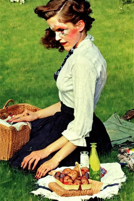 Image similar to photo photorealistic portrait photograph Emma Watson picnic in the green lawn 1950s portrait by Norman Rockwell