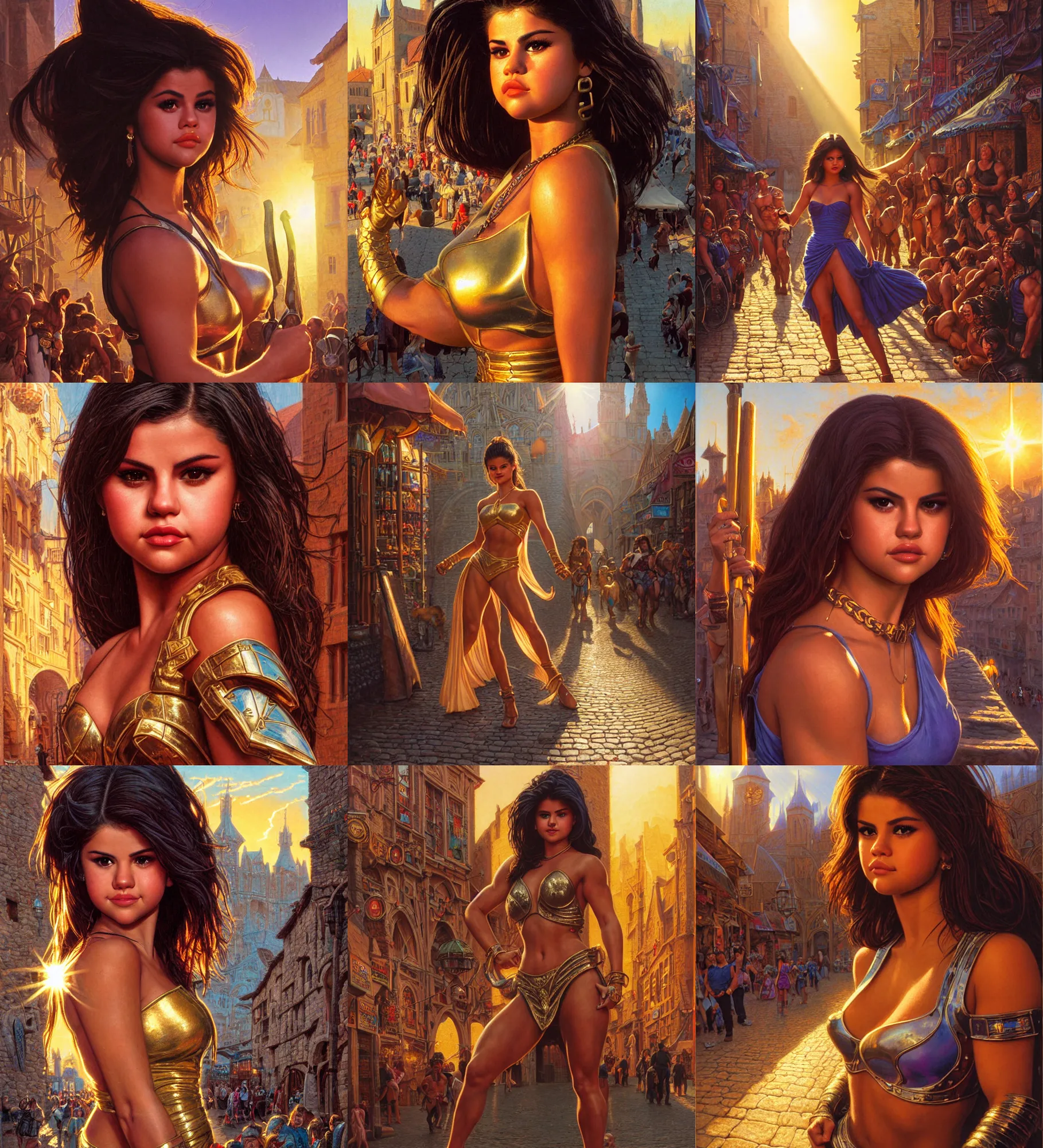 Prompt: close - up portrait of selena gomez as bodybuilder warrior heroine hanging around a cobbled medieval shopping street, colored market stand, golden hour, sun - rays beams, epic composition, 2 0 0 mm focal length, donato giancola, tim hildebrandt, wayne barlow, bruce pennington, larry elmore