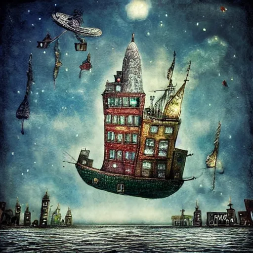 Image similar to a ship with many buildings built in to it flying through space alexander jansson