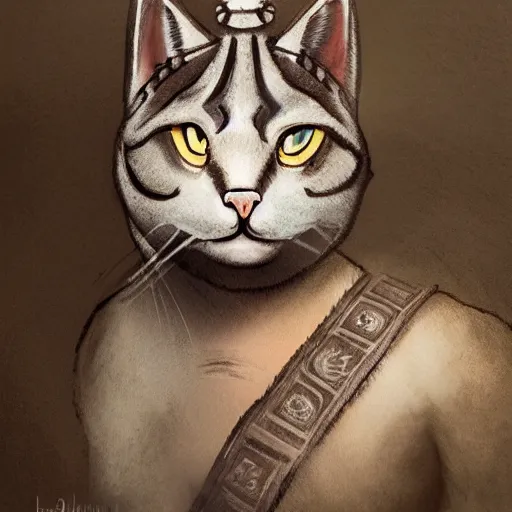 Image similar to illustration of the roman emperor augustus neko man half cat, character design, art station, epic, elegant, masterpiece of laurie rowan