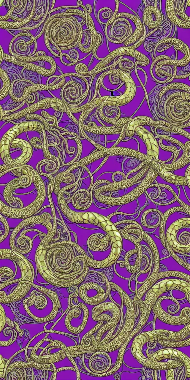 Image similar to seamless pattern of beautiful cybernetic robotic goddess with snakes cartier jewelry and cables arranged in a art nouveau damask pattern, subsurface scattering, rainbow liquids, inside organic robotic tubes and parts, black background, swirls and spirals of rainbow dragons, symmetrical composition + intricate details, hyperrealism, wet, reflections + by alfonse mucha, no blur