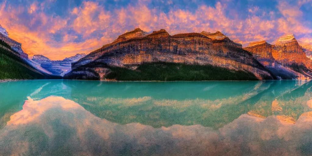 Image similar to lake louise panaroma at dawn detailed luminescent oil painting 4 k