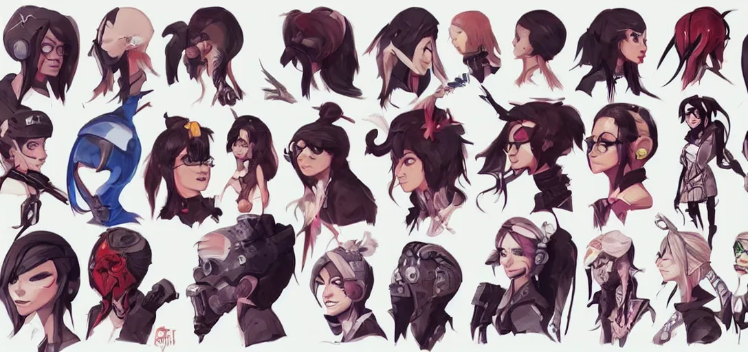 Image similar to concept art of punk female video game characters head designs, loud, intimidating, disgaea, flcl, overwatch, by marc brunet and artgerm