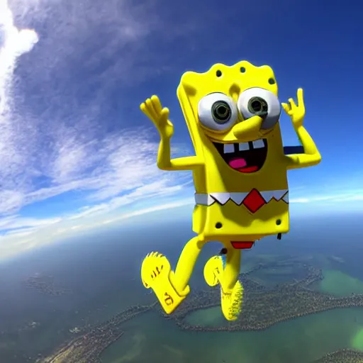 Image similar to SpongeBob skydiving GoPro photo, photograph, hyper detailed, 4k