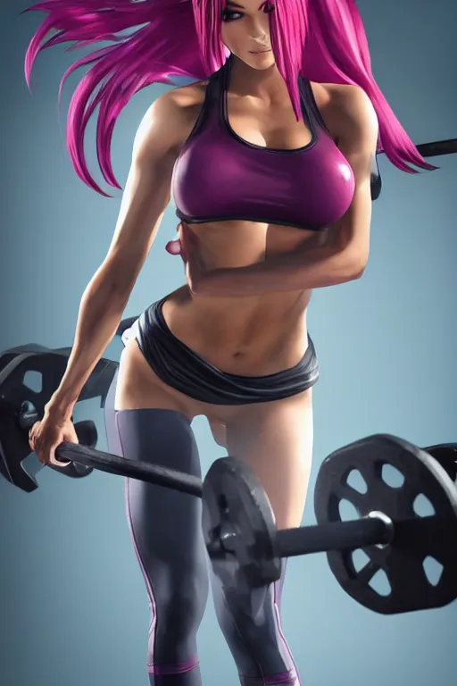 Image similar to Katarina from League of Legends at the gym, photorealistic full body, highly detailed