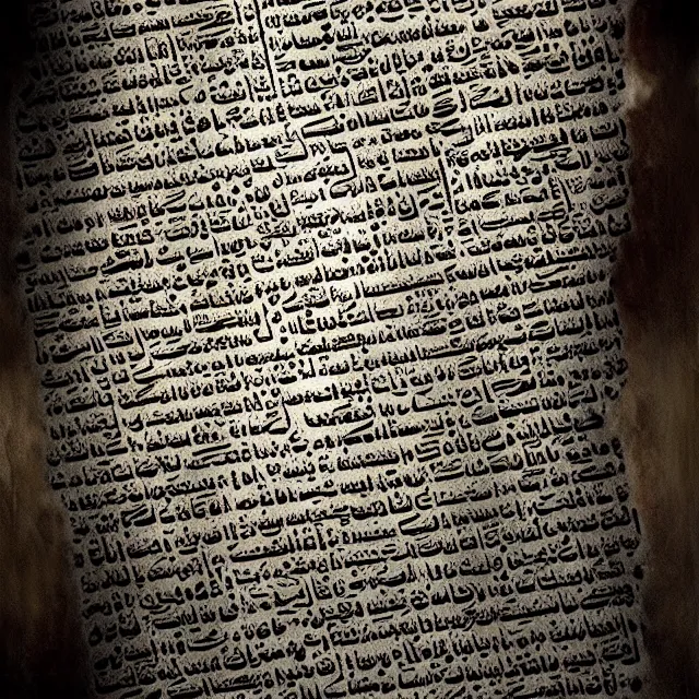 Prompt: ultra - realistic photo an evil - looking dead sea scroll with nabeatean aramaic in short sideways columns, dark, brooding, volume lighting, atmospheric lighting, painted, intricate, ultra detailed by leesha hannigan, thierry doizon, kai carpenter, well composed, best on artstation, cgsociety, epic, stunning, gorgeous, intricate detail, wow, masterpiece