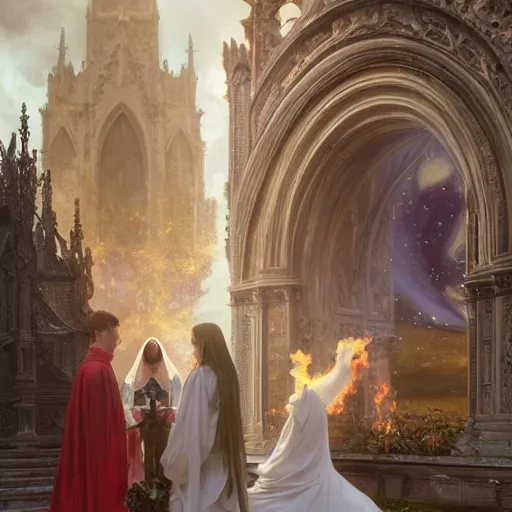 Image similar to a beautiful and detailed matte painting of a lesbian wedding between evil pyromancer and a red mage, unholy union, white church background, god rays, sharp focus, highly detailed, cinematic lighting, 8 k, smooth render, vector illustration, award winning, by adolf hiremy - hirschl and greg rutkowski and alphonse mucha