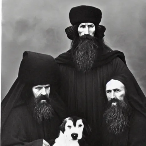 Prompt: photo of breton monks looking like rasputin with with athos monks on athos, with a dog