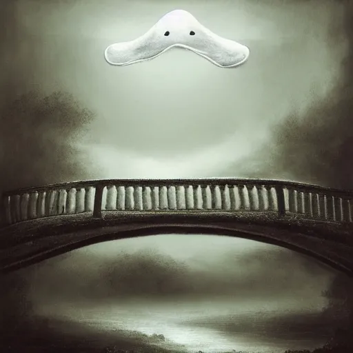 Prompt: surreal ominous bedsheet ghost floating above a bridge, oil painting, gloomy misty atmosphere, symmetrical, full body image, highly ornate intricate details,